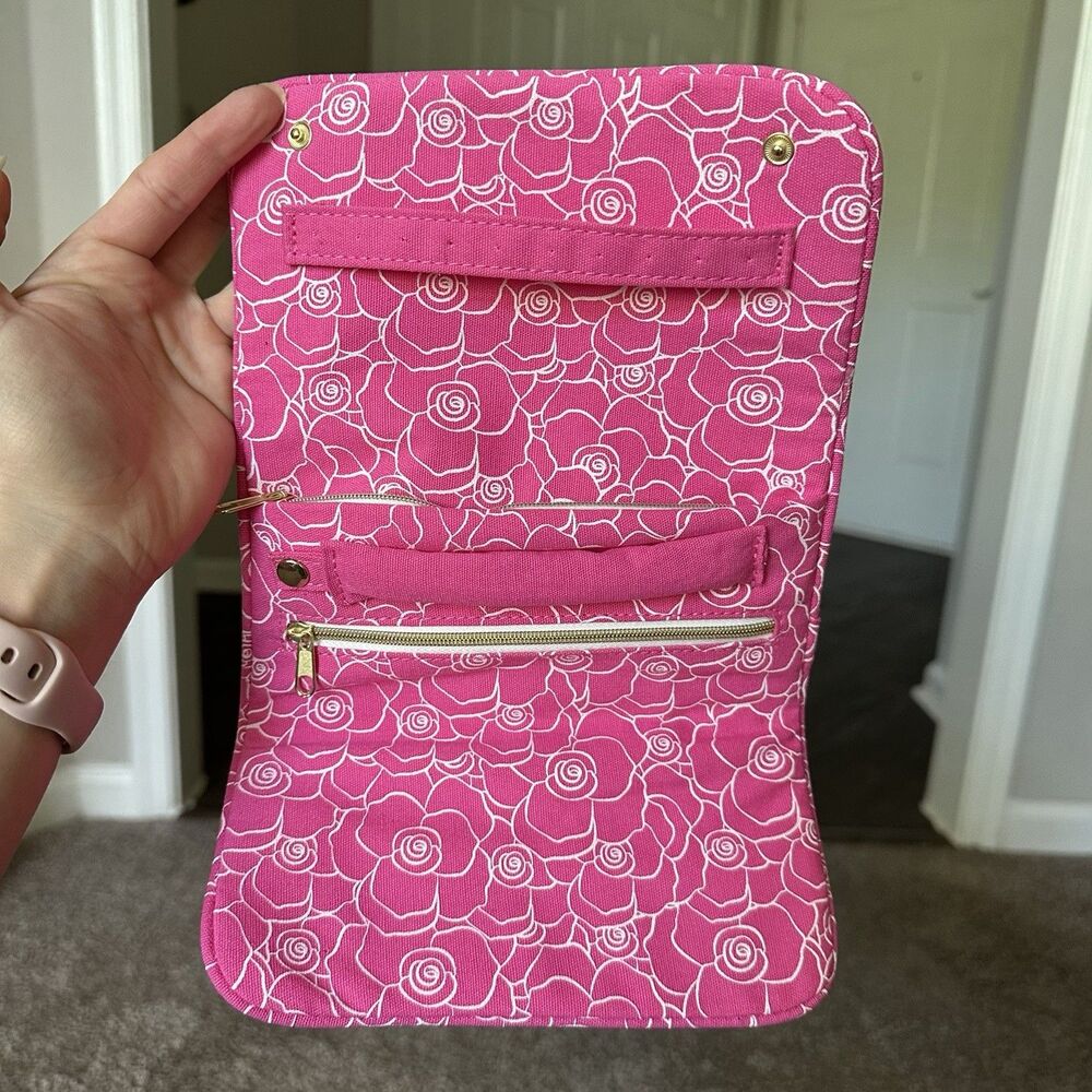 Dolce & Gabbana Pink White Floral Jewelry Pouch Travel Clutch Roll up Bag Case